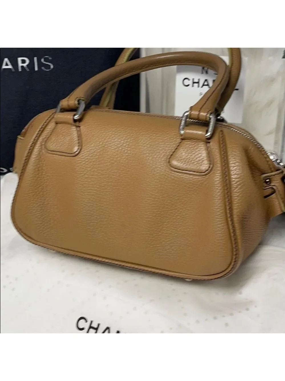 AUTHENTIC CHANEL LAX TASSEL BOWLER BAG TAWNY PEBBLED LEATHER SHOULDER BAG